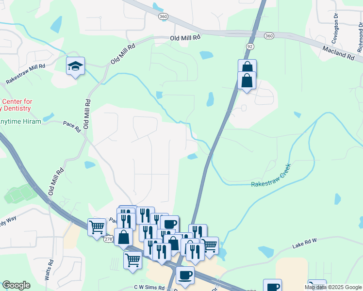 map of restaurants, bars, coffee shops, grocery stores, and more near 19 Indian Lake Court in Hiram