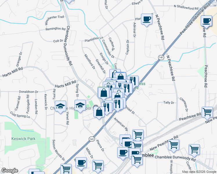 map of restaurants, bars, coffee shops, grocery stores, and more near 3653 Admiral Drive in Chamblee