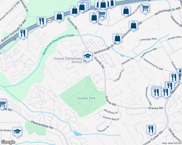 map of restaurants, bars, coffee shops, grocery stores, and more near 6667 Magnolia Park Drive in Norcross
