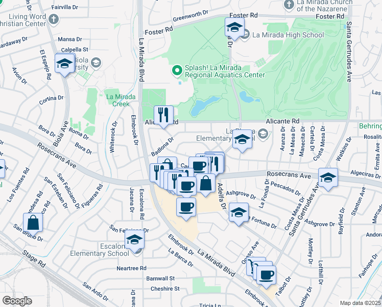 map of restaurants, bars, coffee shops, grocery stores, and more near 15148 Manzanares Road in La Mirada