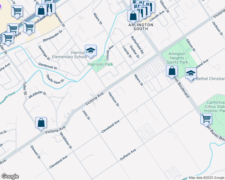 map of restaurants, bars, coffee shops, grocery stores, and more near 9918 Victoria Avenue in Riverside
