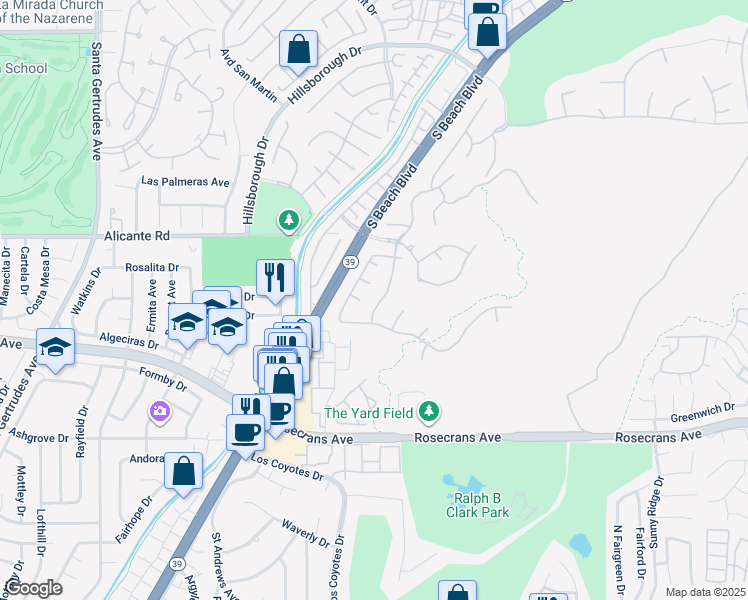 map of restaurants, bars, coffee shops, grocery stores, and more near 3117 Highlander Road in Fullerton