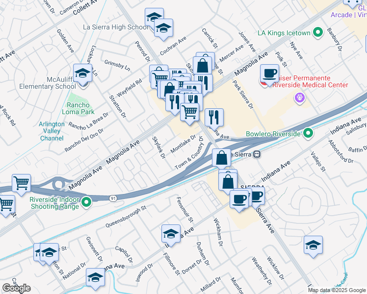 map of restaurants, bars, coffee shops, grocery stores, and more near 3681 Chateau Court in Riverside