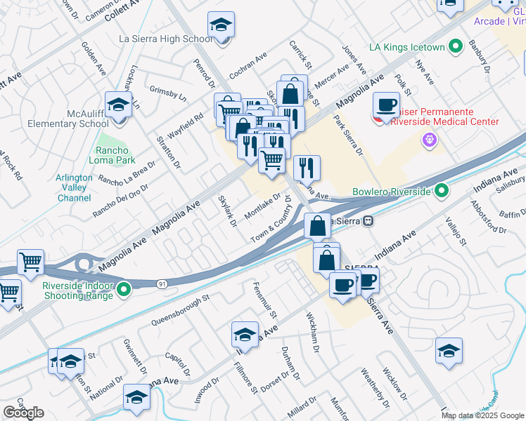map of restaurants, bars, coffee shops, grocery stores, and more near 3681 Chateau Court in Riverside