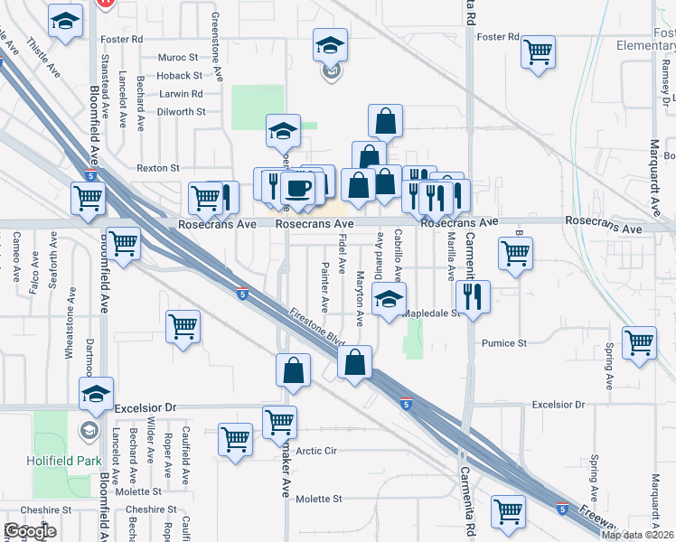 map of restaurants, bars, coffee shops, grocery stores, and more near 14503 Fidel Avenue in Norwalk
