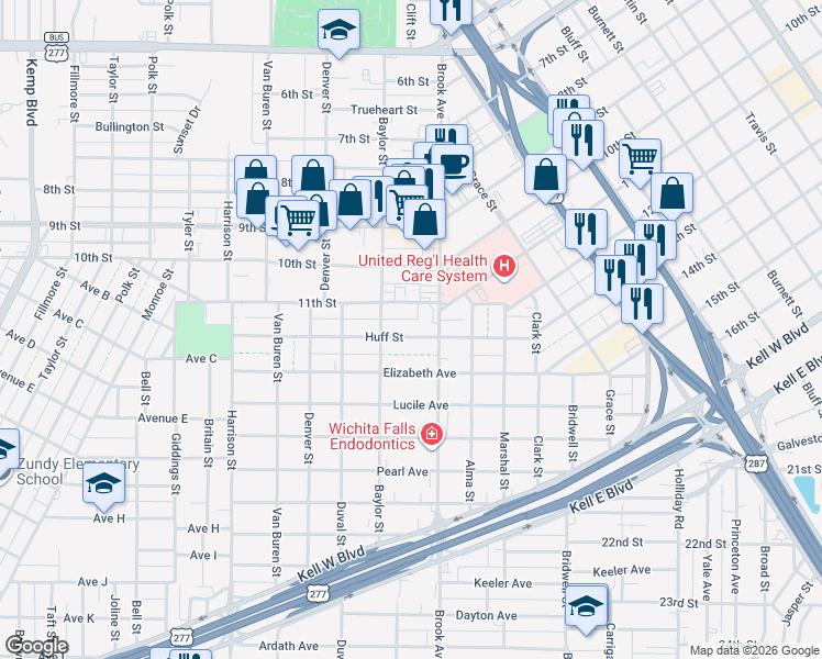 map of restaurants, bars, coffee shops, grocery stores, and more near 1711 Huff Street in Wichita Falls
