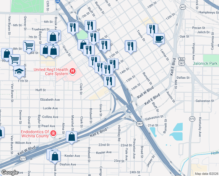 map of restaurants, bars, coffee shops, grocery stores, and more near Highway 281 in Wichita Falls