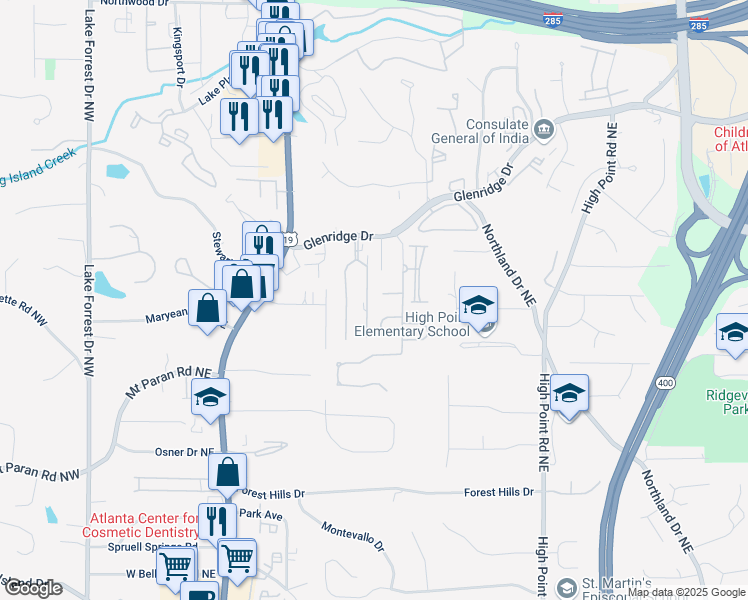 map of restaurants, bars, coffee shops, grocery stores, and more near 31 Greenland Trce in Atlanta