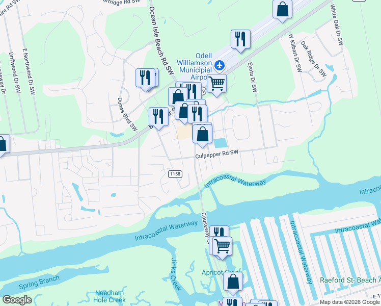 map of restaurants, bars, coffee shops, grocery stores, and more near 100 Causeway Drive in Ocean Isle Beach