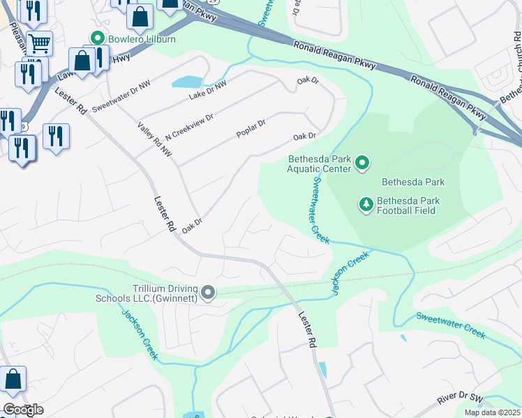 map of restaurants, bars, coffee shops, grocery stores, and more near 244 Beaverwood Court in Lawrenceville