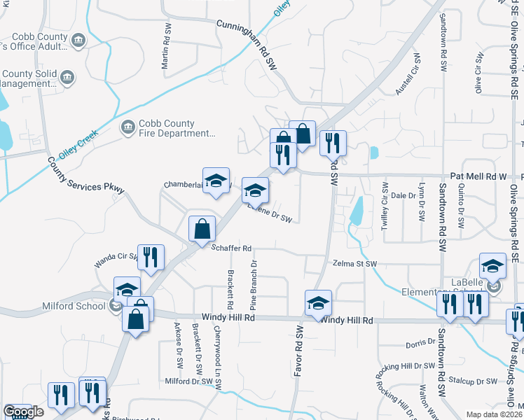 map of restaurants, bars, coffee shops, grocery stores, and more near 545 Lorene Drive Southwest in Marietta