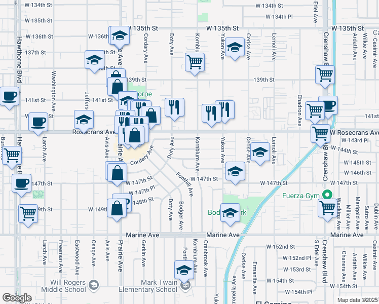 map of restaurants, bars, coffee shops, grocery stores, and more near 3720 West 144th Place in Hawthorne