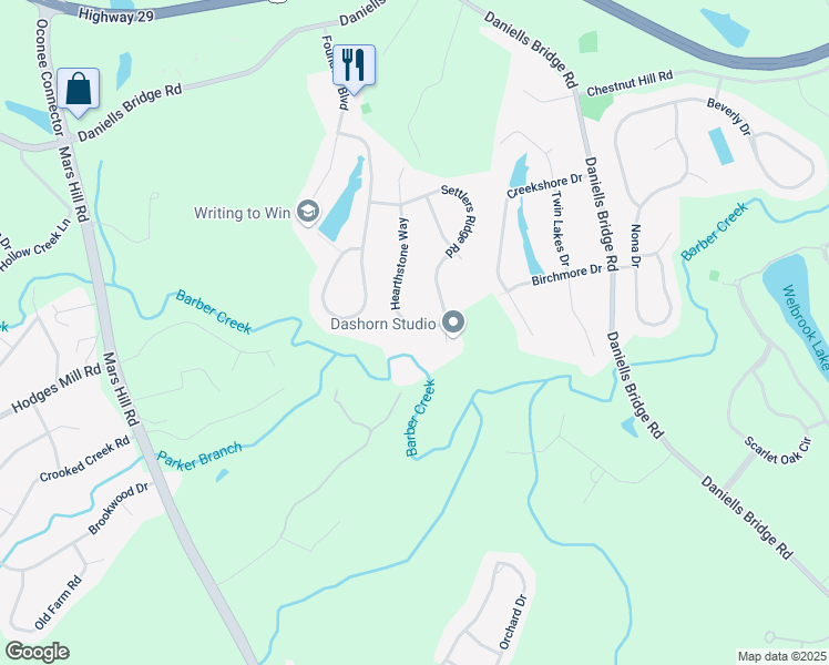 map of restaurants, bars, coffee shops, grocery stores, and more near 1031 Hearthstone Way in Athens