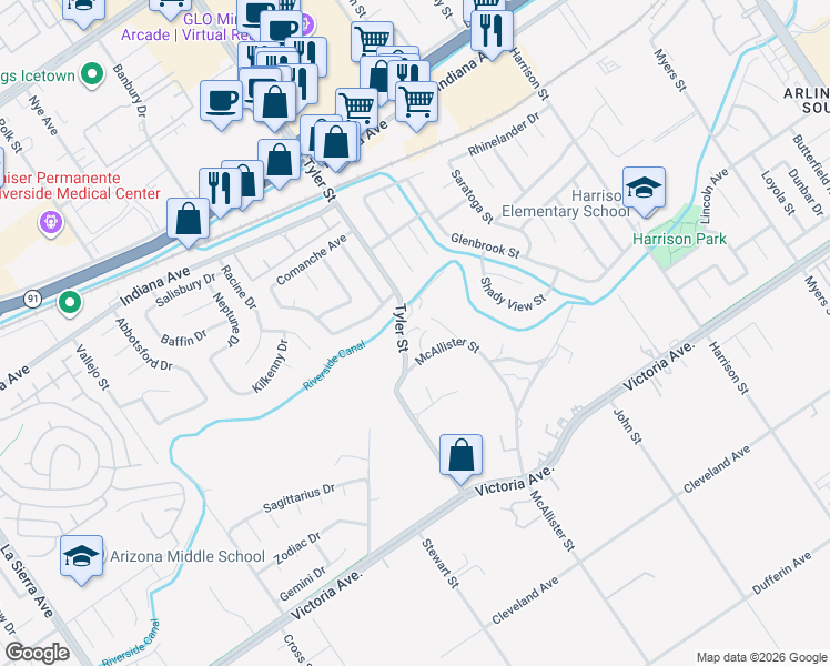 map of restaurants, bars, coffee shops, grocery stores, and more near 3055 Tyler Street in Riverside