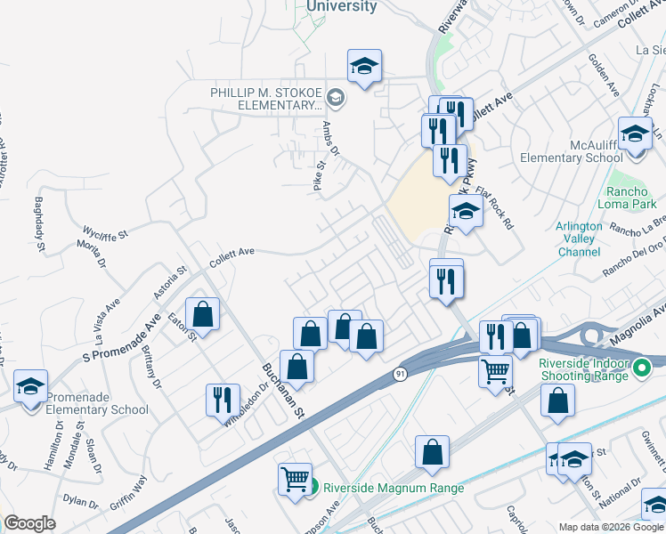 map of restaurants, bars, coffee shops, grocery stores, and more near 12052 Elk Boulevard in Riverside