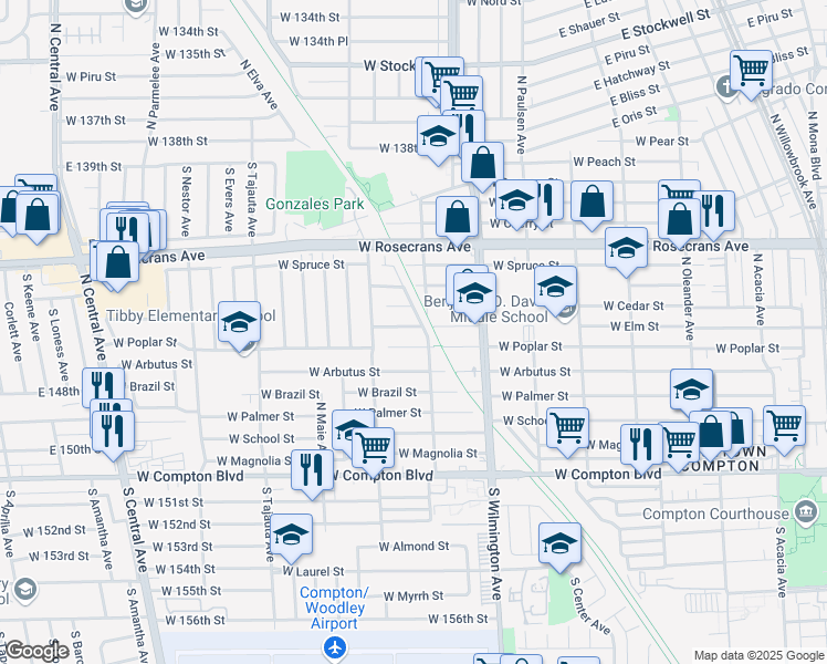 map of restaurants, bars, coffee shops, grocery stores, and more near 2 West Elm Street in Compton
