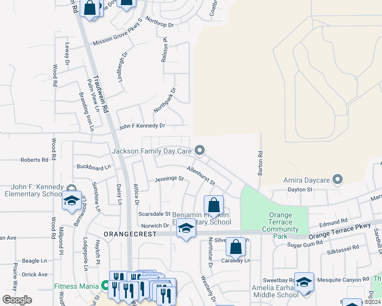 map of restaurants, bars, coffee shops, grocery stores, and more near 19562 Rotterdam Street in Riverside