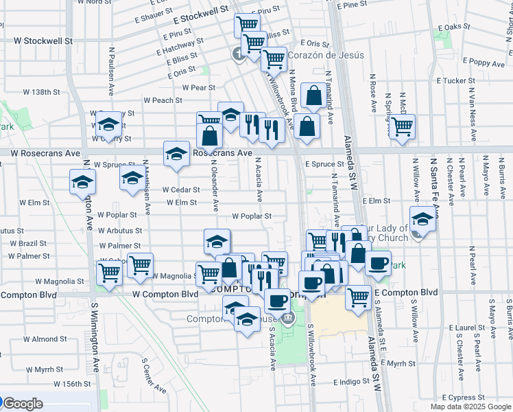 map of restaurants, bars, coffee shops, grocery stores, and more near 304 West Elm Street in Compton