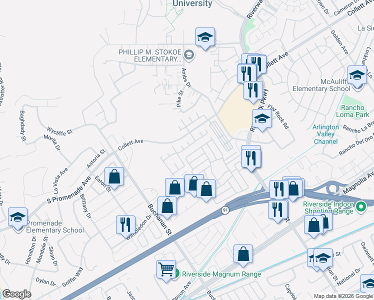 map of restaurants, bars, coffee shops, grocery stores, and more near 12052 Elk Boulevard in Riverside