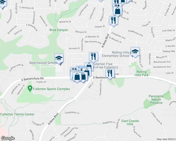 map of restaurants, bars, coffee shops, grocery stores, and more near 2801 North Brea Boulevard in Fullerton