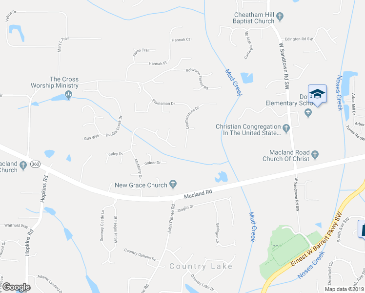 map of restaurants, bars, coffee shops, grocery stores, and more near 2262 Leatherstone Drive in Powder Springs