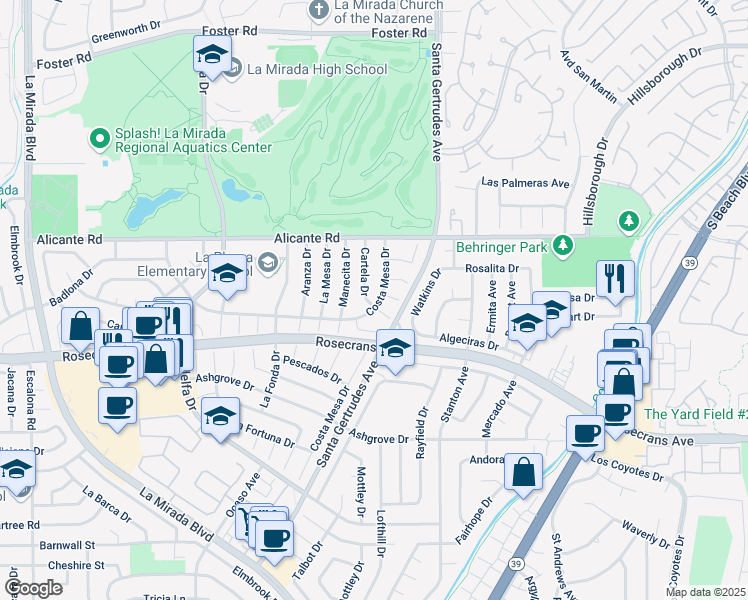 map of restaurants, bars, coffee shops, grocery stores, and more near 14511 Costa Mesa Drive in La Mirada