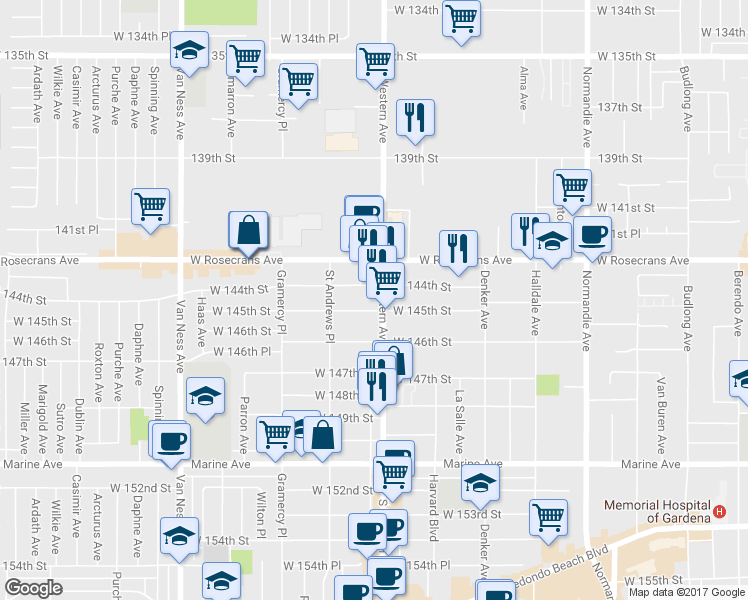 map of restaurants, bars, coffee shops, grocery stores, and more near 14415 South Western Avenue in Gardena