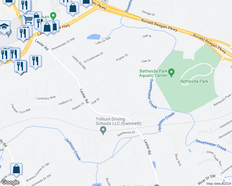 map of restaurants, bars, coffee shops, grocery stores, and more near 3575 Manchester Drive in Lawrenceville