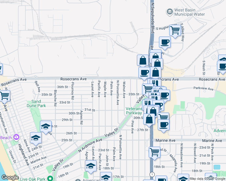 map of restaurants, bars, coffee shops, grocery stores, and more near 3512 Palm Avenue in Manhattan Beach