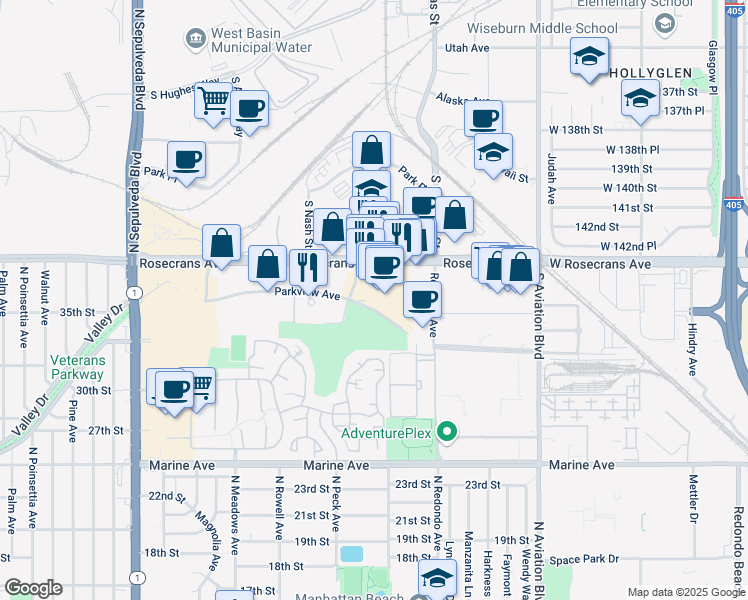 map of restaurants, bars, coffee shops, grocery stores, and more near 1570A Parkview Avenue in Manhattan Beach