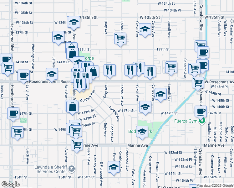 map of restaurants, bars, coffee shops, grocery stores, and more near 3720 West 144th Place in Hawthorne