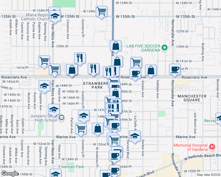 map of restaurants, bars, coffee shops, grocery stores, and more near 14415 South Western Avenue in Gardena