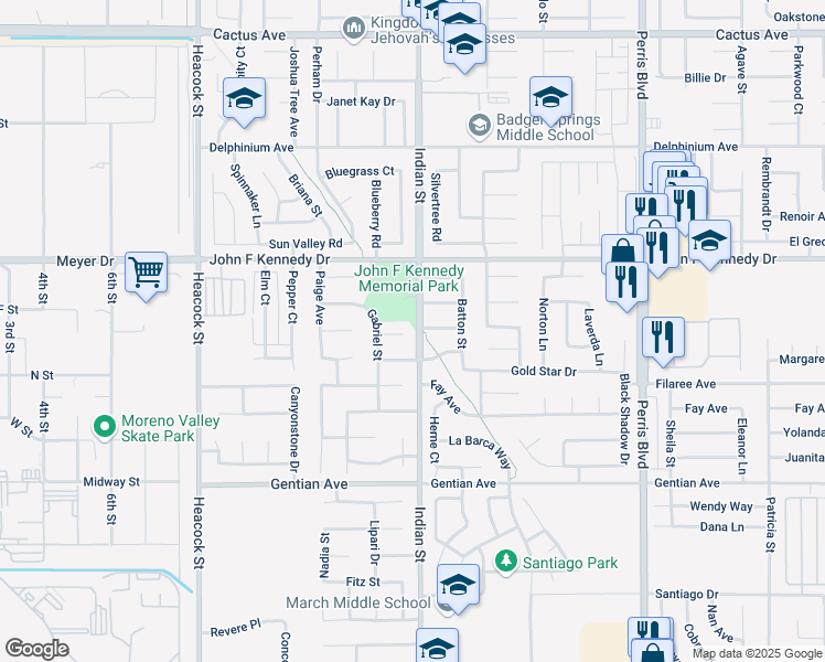 map of restaurants, bars, coffee shops, grocery stores, and more near 24469 Tyann Court in Moreno Valley