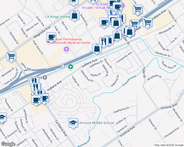 map of restaurants, bars, coffee shops, grocery stores, and more near 3272 Baffin Drive in Riverside