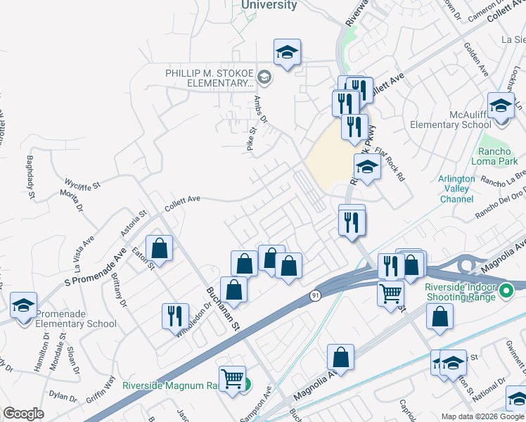 map of restaurants, bars, coffee shops, grocery stores, and more near The Meadows Mobile Home Park in Riverside