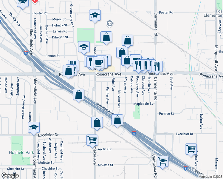 map of restaurants, bars, coffee shops, grocery stores, and more near 14503 Fidel Avenue in Norwalk