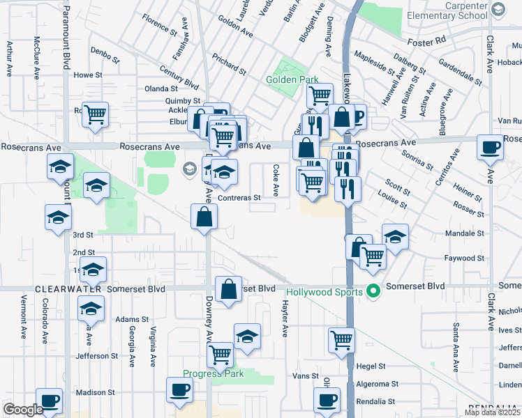 map of restaurants, bars, coffee shops, grocery stores, and more near 8600 Contreras Street in Paramount