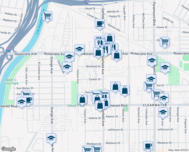 map of restaurants, bars, coffee shops, grocery stores, and more near 7323 1/2 Exeter Street in Paramount