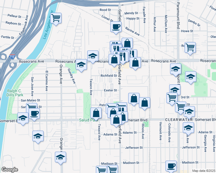 map of restaurants, bars, coffee shops, grocery stores, and more near 7323 1/2 Exeter Street in Paramount
