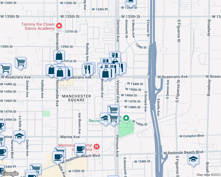map of restaurants, bars, coffee shops, grocery stores, and more near 14506 Berendo Avenue in Gardena