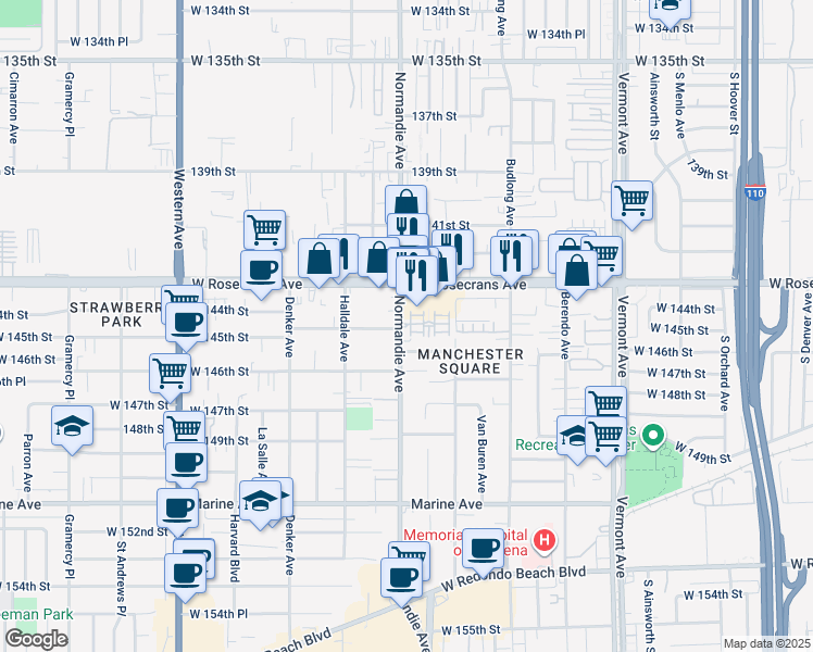map of restaurants, bars, coffee shops, grocery stores, and more near 14503 Normandie Avenue in Gardena