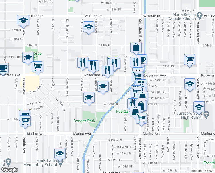 map of restaurants, bars, coffee shops, grocery stores, and more near 14428 Cerise Avenue in Hawthorne