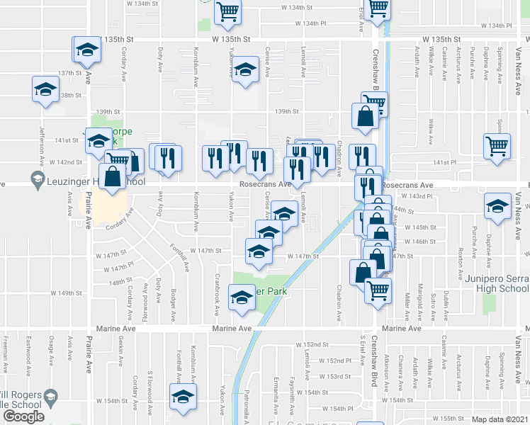map of restaurants, bars, coffee shops, grocery stores, and more near 14501 Cerise Avenue in Hawthorne
