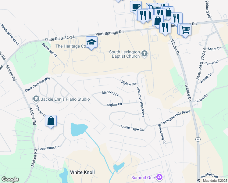 map of restaurants, bars, coffee shops, grocery stores, and more near 143 Mariscat Place in Lexington