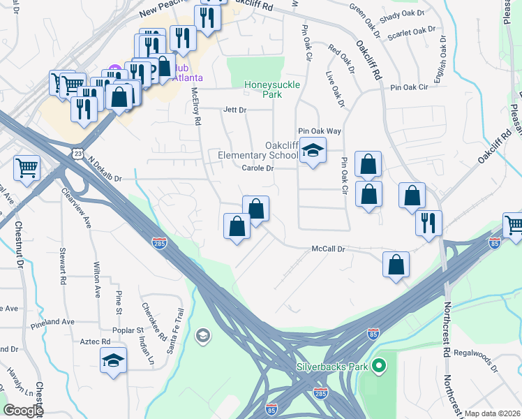 map of restaurants, bars, coffee shops, grocery stores, and more near 3063 Revere Court in Doraville