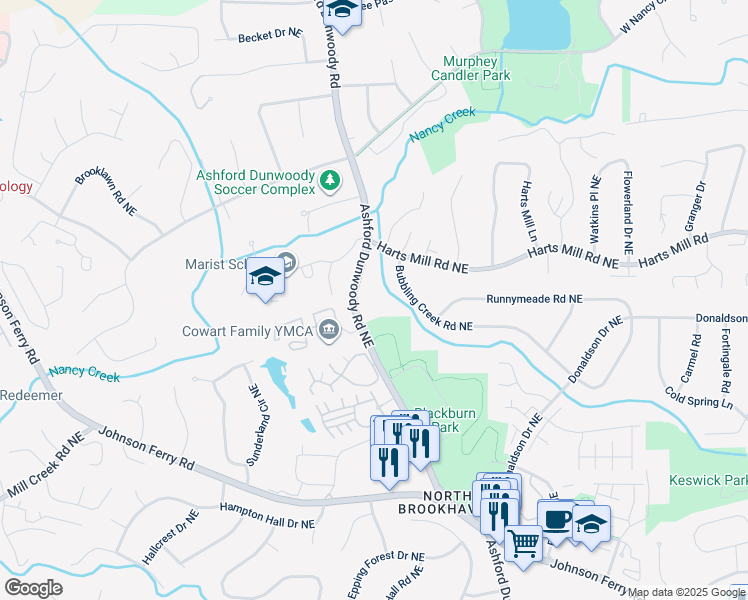 map of restaurants, bars, coffee shops, grocery stores, and more near 3713 Ashford Dunwoody Road Northeast in Atlanta
