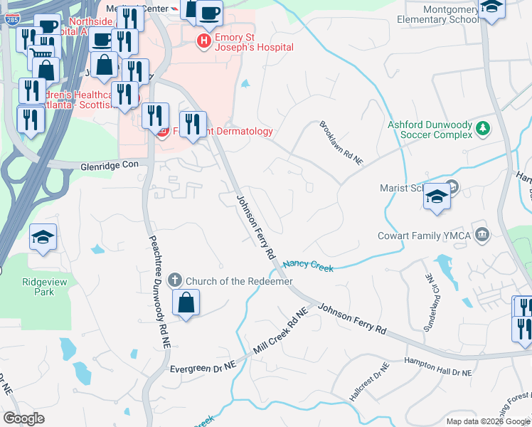 map of restaurants, bars, coffee shops, grocery stores, and more near 1189 Bluffhaven Way Northeast in Atlanta