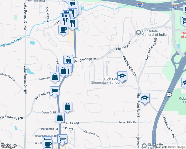 map of restaurants, bars, coffee shops, grocery stores, and more near 35 Willow Glen Northeast in Atlanta