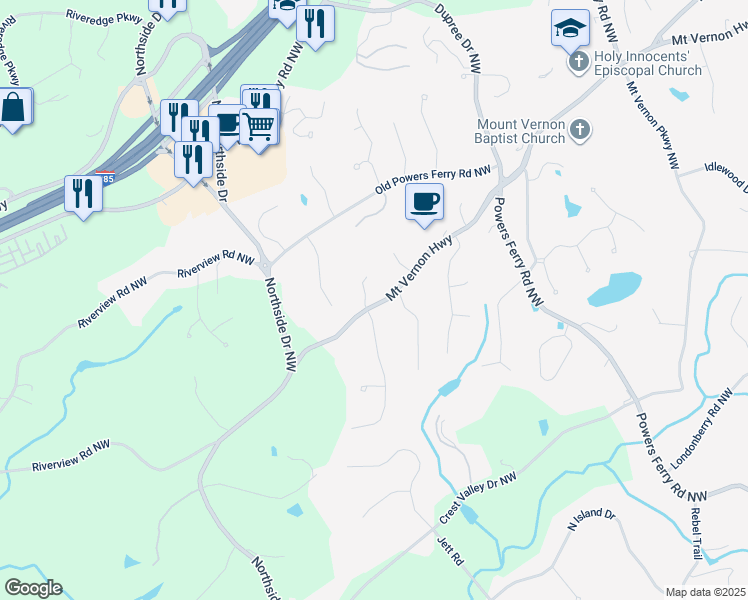 map of restaurants, bars, coffee shops, grocery stores, and more near 5284 Vernon Springs Trail Northwest in Sandy Springs