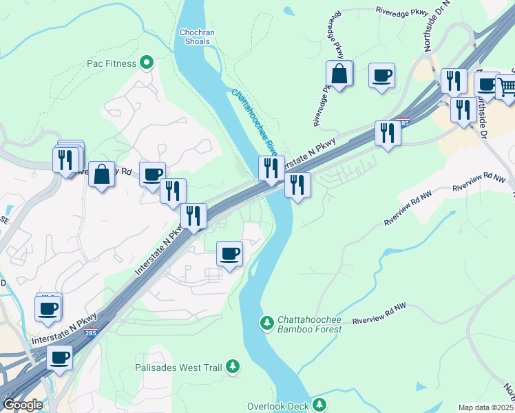 map of restaurants, bars, coffee shops, grocery stores, and more near 1146 Riverbend Club Drive Southeast in Atlanta